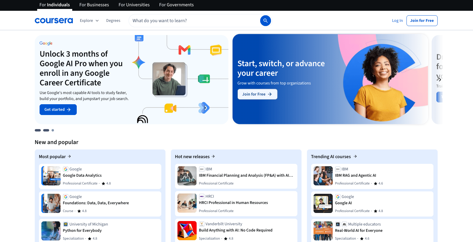 Coursera homepage showing course discovery, career programs, and courses from several providers