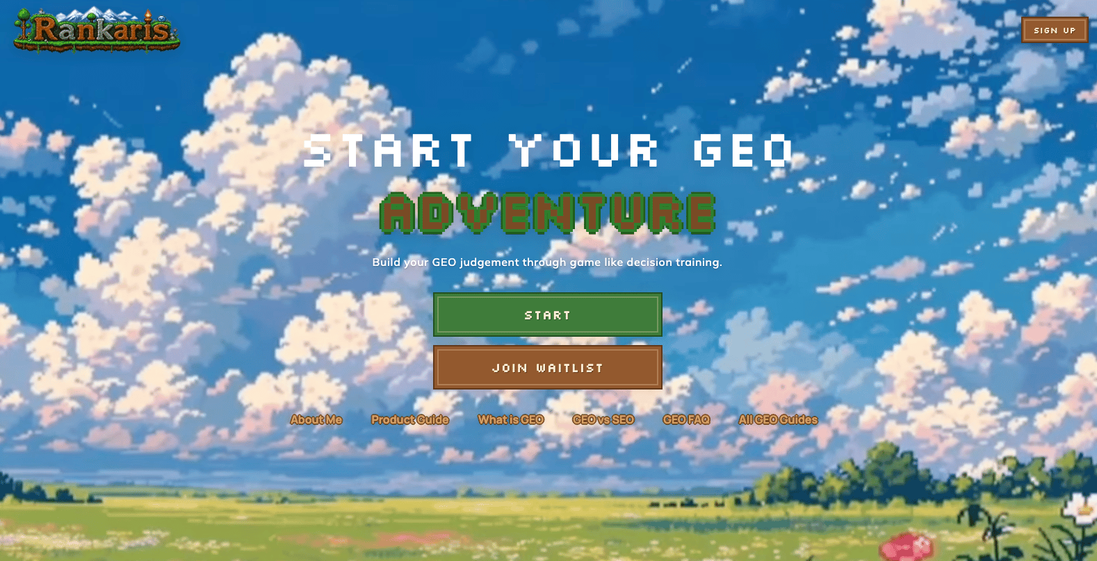 Rankaris homepage showing the Start Your GEO Adventure message and Join Waitlist action